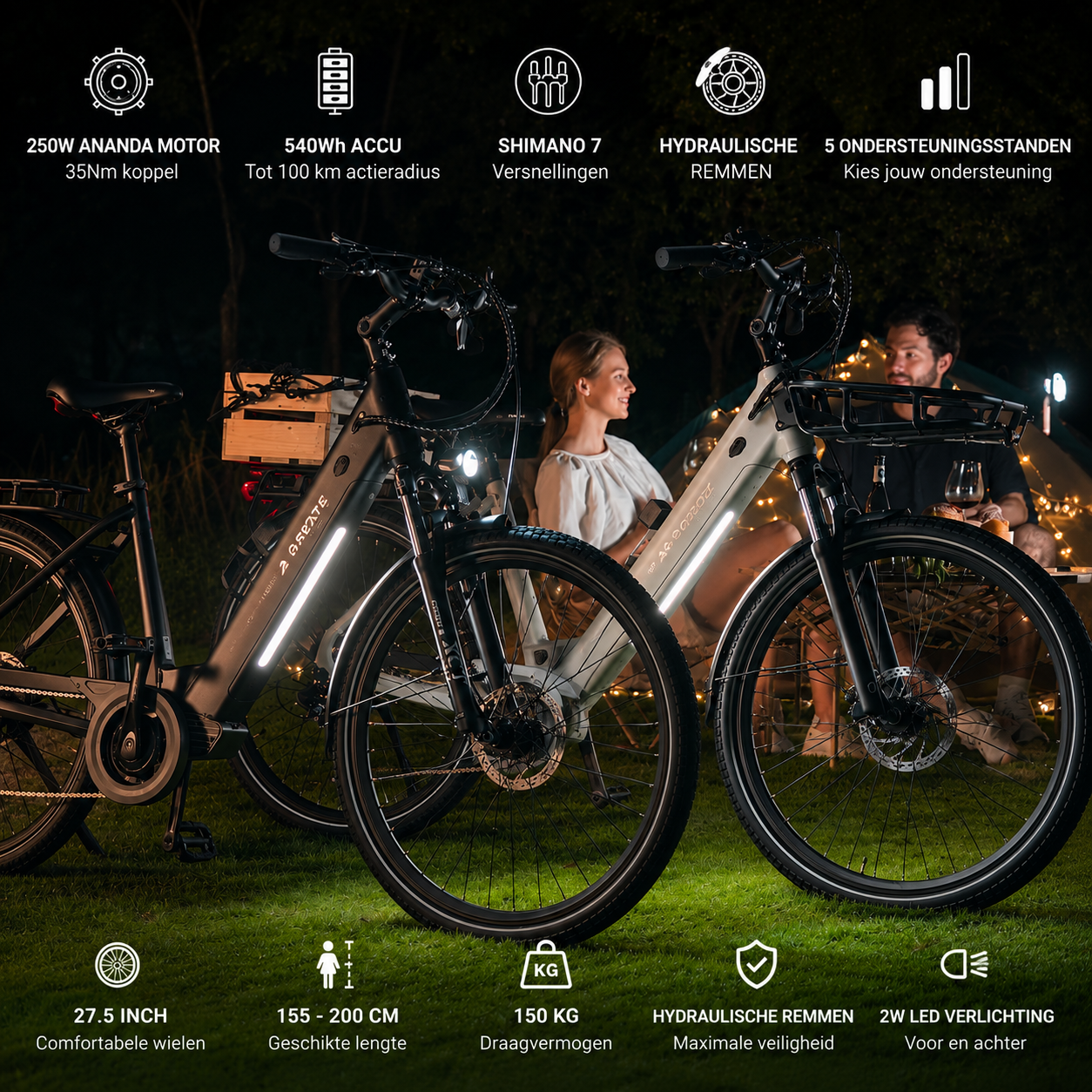 A-Spadz City Pro Elektrische Stadsfiets Gravel Grijs – 540Wh Accu – 250W Ananda Motor – Shimano 7 Versnellingen